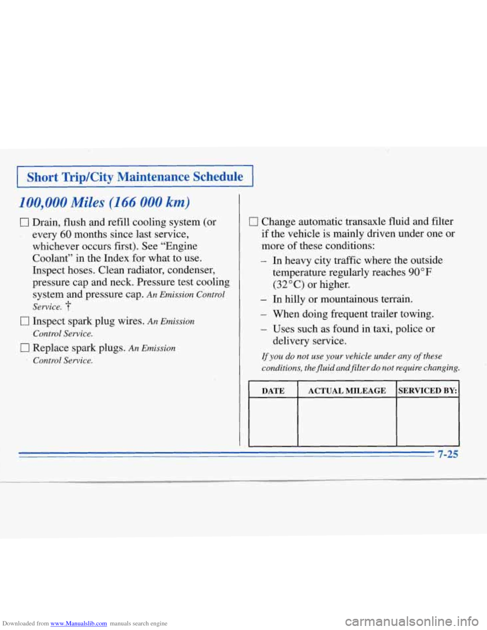 CHEVROLET MONTE CARLO 1996 5.G Owners Manual Downloaded from www.Manualslib.com manuals search engine I Short TripKity Maintenance Schedule I
100,000 Miles (166 000 km)
0 Drain, flush qd refill cooling system (or
every
60 months since las CHEVROLET MONTE CARLO 1996 5.G Owners Manual Downloaded from www.Manualslib.com manuals search engine I Short TripKity Maintenance Schedule I
100,000 Miles (166 000 km)
0 Drain, flush qd refill cooling system (or
every
60 months since las