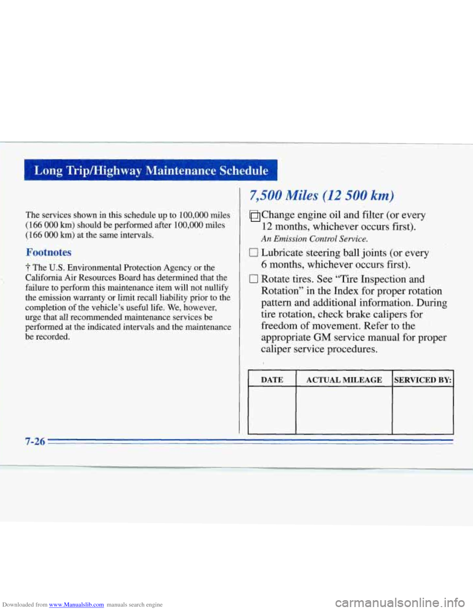 CHEVROLET MONTE CARLO 1996 5.G Owners Manual Downloaded from www.Manualslib.com manuals search engine I bong TriplHighway Maintenance Schedule
I
7,500 Miles (12.500 km)
The services shown in this schedule up to 100,000 miles . Change eng CHEVROLET MONTE CARLO 1996 5.G Owners Manual Downloaded from www.Manualslib.com manuals search engine I bong TriplHighway Maintenance Schedule
I
7,500 Miles (12.500 km)
The services shown in this schedule up to 100,000 miles . Change eng