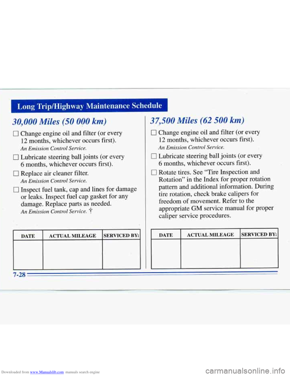 CHEVROLET MONTE CARLO 1996 5.G Owners Manual Downloaded from www.Manualslib.com manuals search engine ,,I 
Long  Trip/Highway  Maintenance  Schedule 
30,000 Miles (5’0 000 km) 
0 Change engine oil and  filter  (or  every 
12 months,  whichever