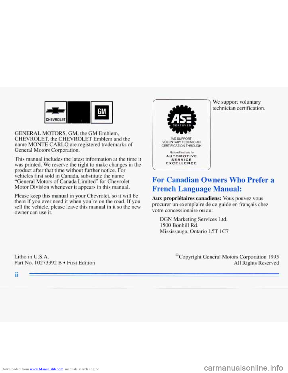 CHEVROLET MONTE CARLO 1996 5.G Owners Manual Downloaded from www.Manualslib.com manuals search engine Wml CHEVROLET 
GENERAL MOTORS, GM, the GM Emblem, 
CHEVROLET, the  CHEVROLET Emblem and the 
name  MONTE  CARLO  are  registered trademarks 
of