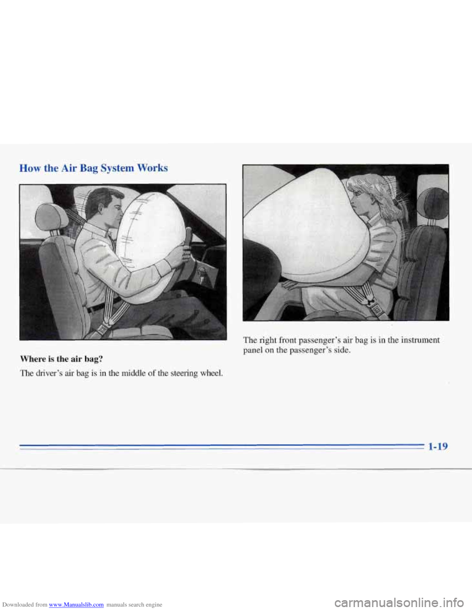 CHEVROLET MONTE CARLO 1996 5.G Owners Guide Downloaded from www.Manualslib.com manuals search engine How the Air Bag System Works
Where is the air bag?
The driver’s air bag is in the middle of the steering wheel. The
right front pas CHEVROLET MONTE CARLO 1996 5.G Owners Guide Downloaded from www.Manualslib.com manuals search engine How the Air Bag System Works
Where is the air bag?
The driver’s air bag is in the middle of the steering wheel. The
right front pas