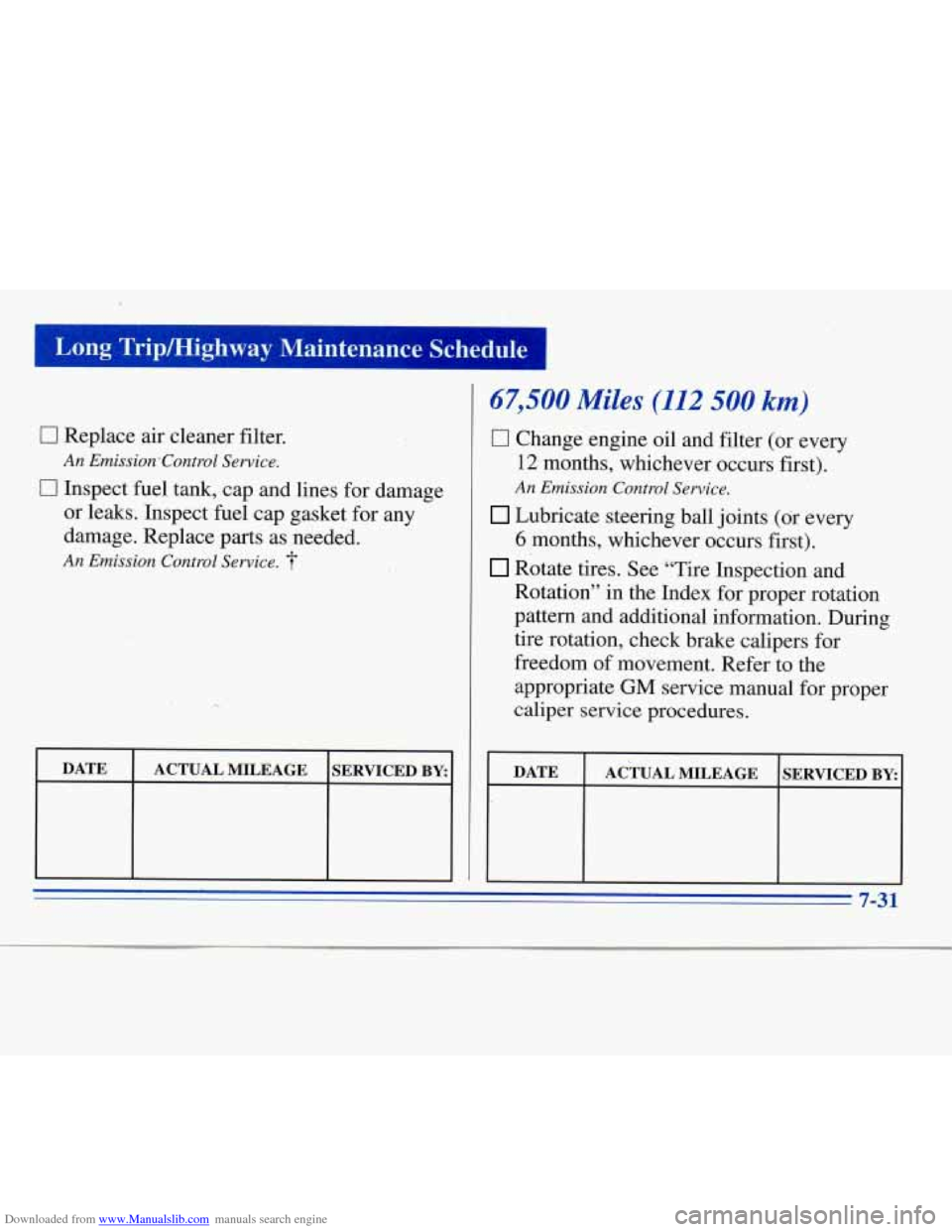 CHEVROLET MONTE CARLO 1996 5.G Owners Manual Downloaded from www.Manualslib.com manuals search engine 1 Long  TripKIighway  Maintenance  Schedule I 
0 Replace air cleaner  filter. 
An EmissionControl  Service. 
0 Inspect fuel tank,  cap and  lin