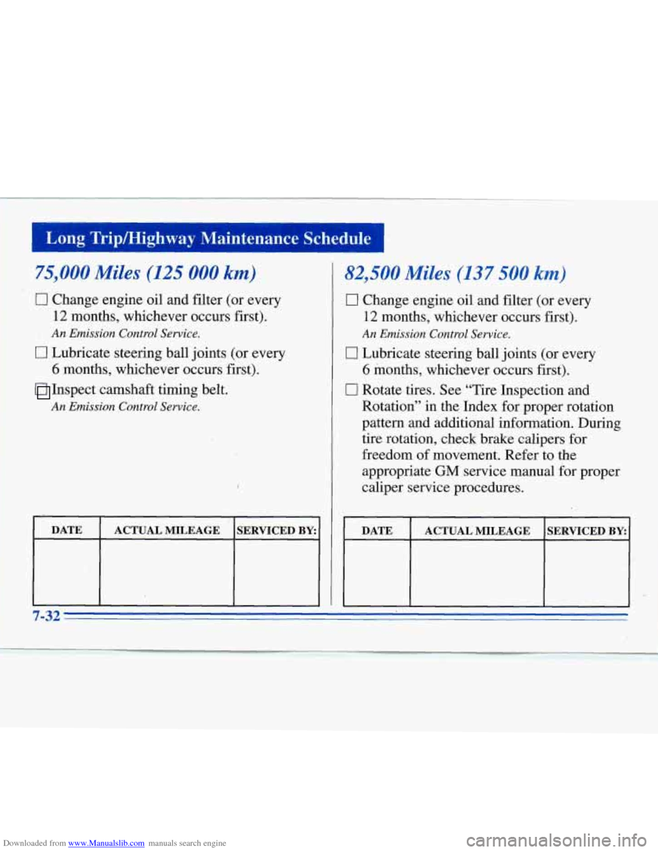 CHEVROLET MONTE CARLO 1996 5.G Owners Manual Downloaded from www.Manualslib.com manuals search engine Long  Tripmighway  Maintenance  Schedule 
75,OOOMiles (125 000 km) 
0 Change engine oil and  filter (or  every 
12 months, whichever occurs fir