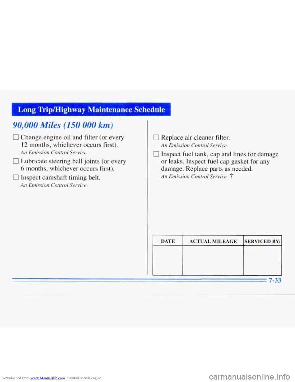 CHEVROLET MONTE CARLO 1996 5.G Owners Manual Downloaded from www.Manualslib.com manuals search engine Long  Tripmighway  Maintenance  Schedule 
90,000 Miles (150 000 km) 
I7 Change engine oil  and filter (or  every 
12  months,  whichever  occur