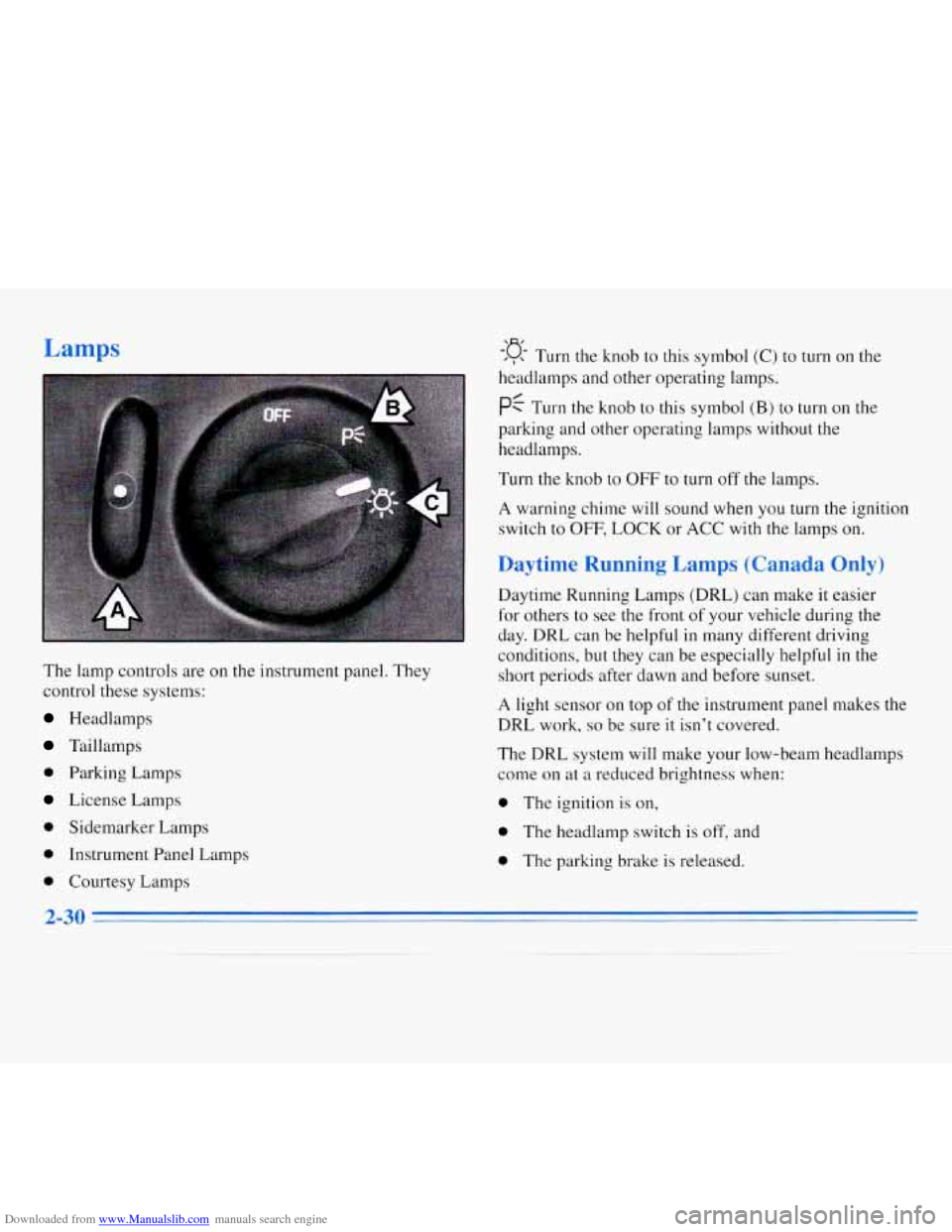 CHEVROLET MONTE CARLO 1996 5.G Owners Manual Downloaded from www.Manualslib.com manuals search engine Lamps 
The  lamp controls are  on the instrument panel. They 
control these systems: 
Headlamps 
Taillamps 
0 Parking Lamps 
License  Lamps 
0 