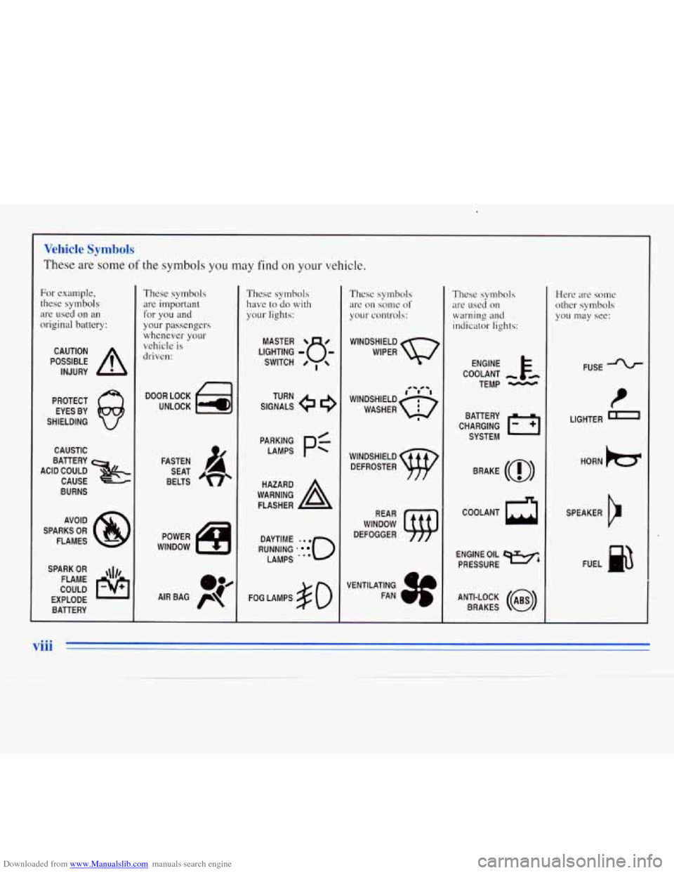 CHEVROLET MONTE CARLO 1996 5.G Owners Manual Downloaded from www.Manualslib.com manuals search engine "- 
Ihese are some of the symbols you  may find on your vehicle. 
hide Symbols 
For example, 
these symbols 
are  used 
on an 
original battery