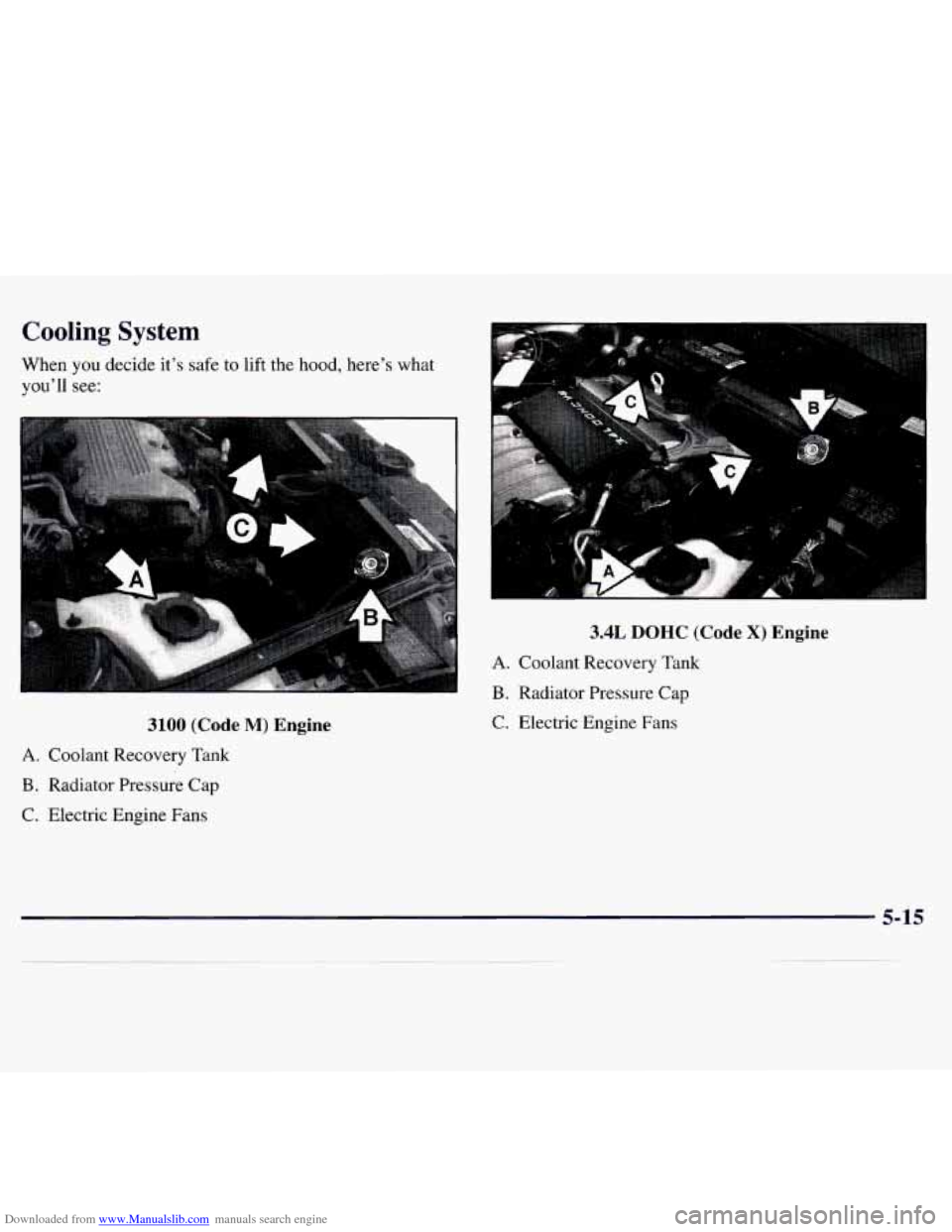 CHEVROLET MONTE CARLO 1997 5.G Owners Manual Downloaded from www.Manualslib.com manuals search engine Cooling System
When you decide its safe to lift the hood, heres what
youll see:
3100 (Code M) Engine
A. Coolant Recovery Tank
B. CHEVROLET MONTE CARLO 1997 5.G Owners Manual Downloaded from www.Manualslib.com manuals search engine Cooling System
When you decide its safe to lift the hood, heres what
youll see:
3100 (Code M) Engine
A. Coolant Recovery Tank
B.