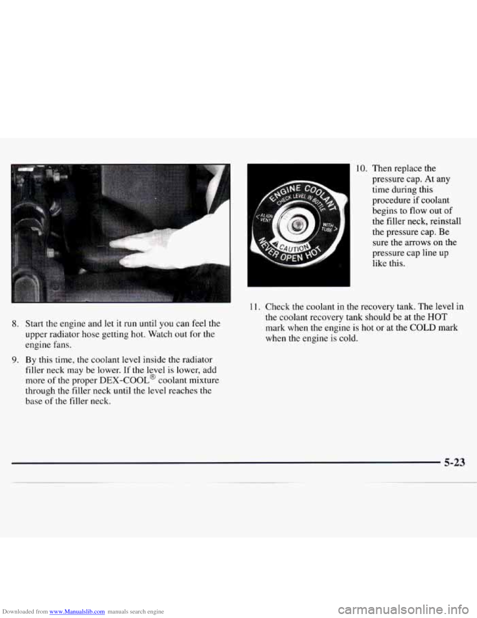 CHEVROLET MONTE CARLO 1997 5.G Owners Manual Downloaded from www.Manualslib.com manuals search engine 8. Start the engine and let it  run  until  you can feel  the 
upper  radiator  hose getting hot.  Watch out for the 
engine fans. 
9. By  this