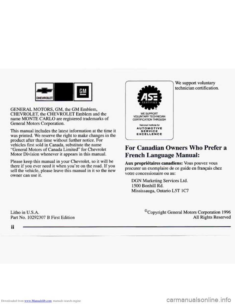 CHEVROLET MONTE CARLO 1997 5.G Owners Manual Downloaded from www.Manualslib.com manuals search engine GENERAL MOTORS, GM, the GM Emblem, 
CHEVROLET,  the  CHEVROLET Emblem  and  the 
name  MONTE  CARLO  are registered  trademarks 
of 
General  M