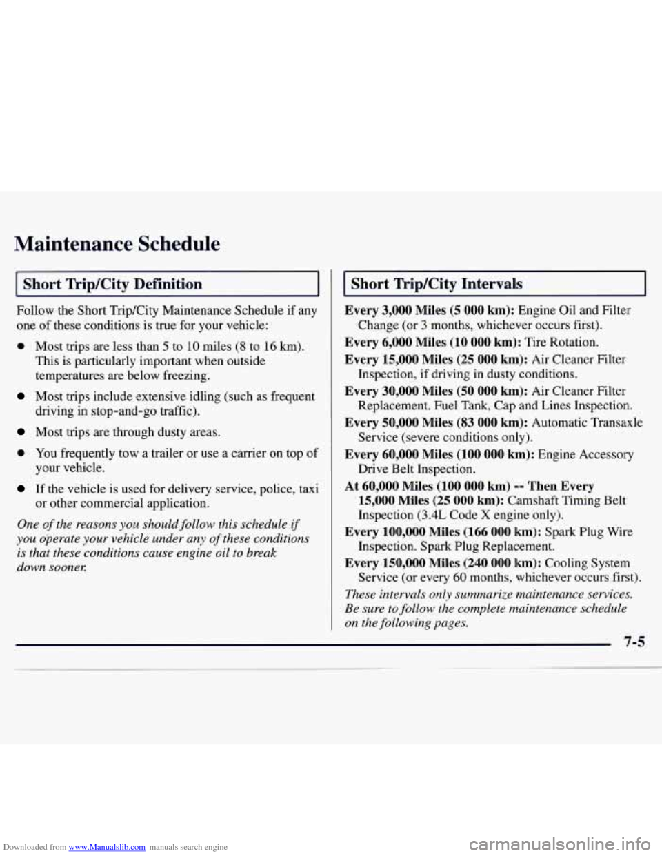 CHEVROLET MONTE CARLO 1997 5.G Owners Manual Downloaded from www.Manualslib.com manuals search engine Maintenance Schedule
I Short Trip/City Definition
Follow the Short Trip/City Maintenance Schedule if any
one
of these conditions is tr CHEVROLET MONTE CARLO 1997 5.G Owners Manual Downloaded from www.Manualslib.com manuals search engine Maintenance Schedule
I Short Trip/City Definition
Follow the Short Trip/City Maintenance Schedule if any
one
of these conditions is tr