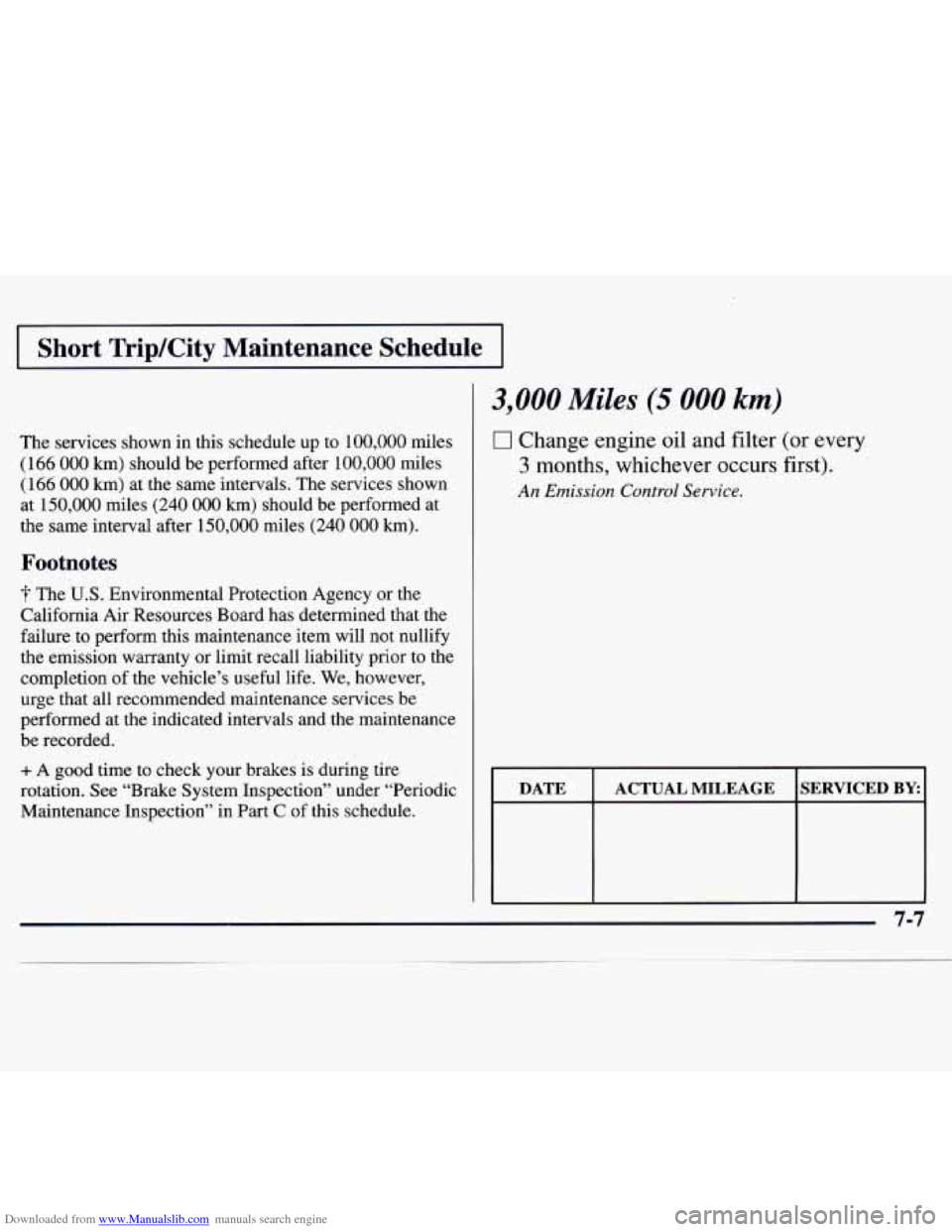 CHEVROLET MONTE CARLO 1997 5.G Owners Manual Downloaded from www.Manualslib.com manuals search engine I Short TripKity  Maintenance  Schedule I 
The services shown  in this  schedule  up to 100,000 miles 
(166 000 km) should  be performed after 