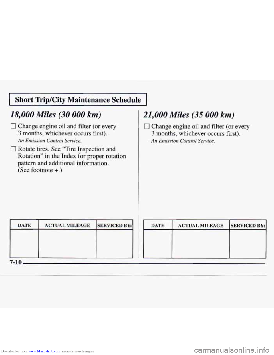 CHEVROLET MONTE CARLO 1997 5.G Owners Manual Downloaded from www.Manualslib.com manuals search engine I Short  TripKity  Maintenance  Schedule I 
18,000 Miles (30 000 km) 
0 Change engine oil and filter (or every 
3 months, whichever occurs firs