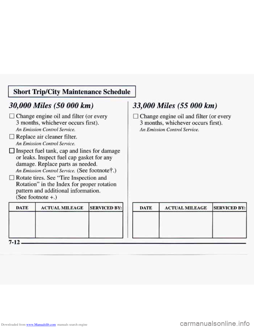 CHEVROLET MONTE CARLO 1997 5.G Owners Manual Downloaded from www.Manualslib.com manuals search engine I Short  TripKity  Maintenance  Schedule I 
30,000 Miles (50 000 km) 
0 Change engine oil and filter (or every 
3 months, whichever occurs  fir