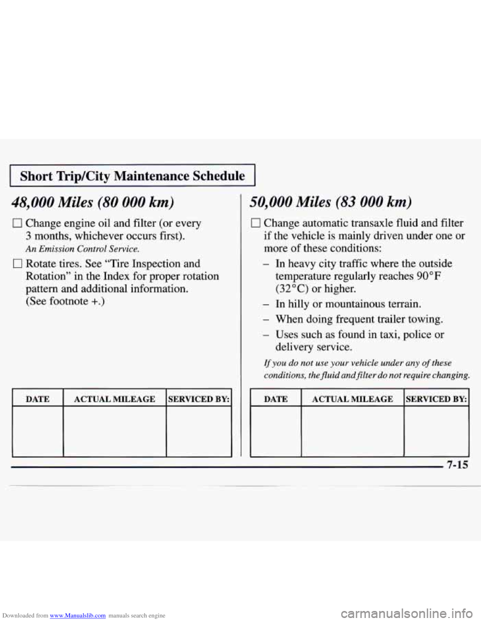 CHEVROLET MONTE CARLO 1997 5.G Owners Manual Downloaded from www.Manualslib.com manuals search engine 1 Short TripKity Maintenance  Schedule I 
48,000 Miles (80 000 km) 
0 Change engine oil and filter (or every 
3 months, whichever occurs first)