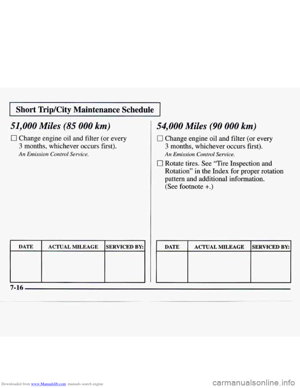CHEVROLET MONTE CARLO 1997 5.G Owners Manual Downloaded from www.Manualslib.com manuals search engine I Short  Trip/City  Maintenance  Schedule I 
51,000 Miles (85 000 km) 
0 Change engine oil and filter (or  every 
3 months, whichever occurs fi