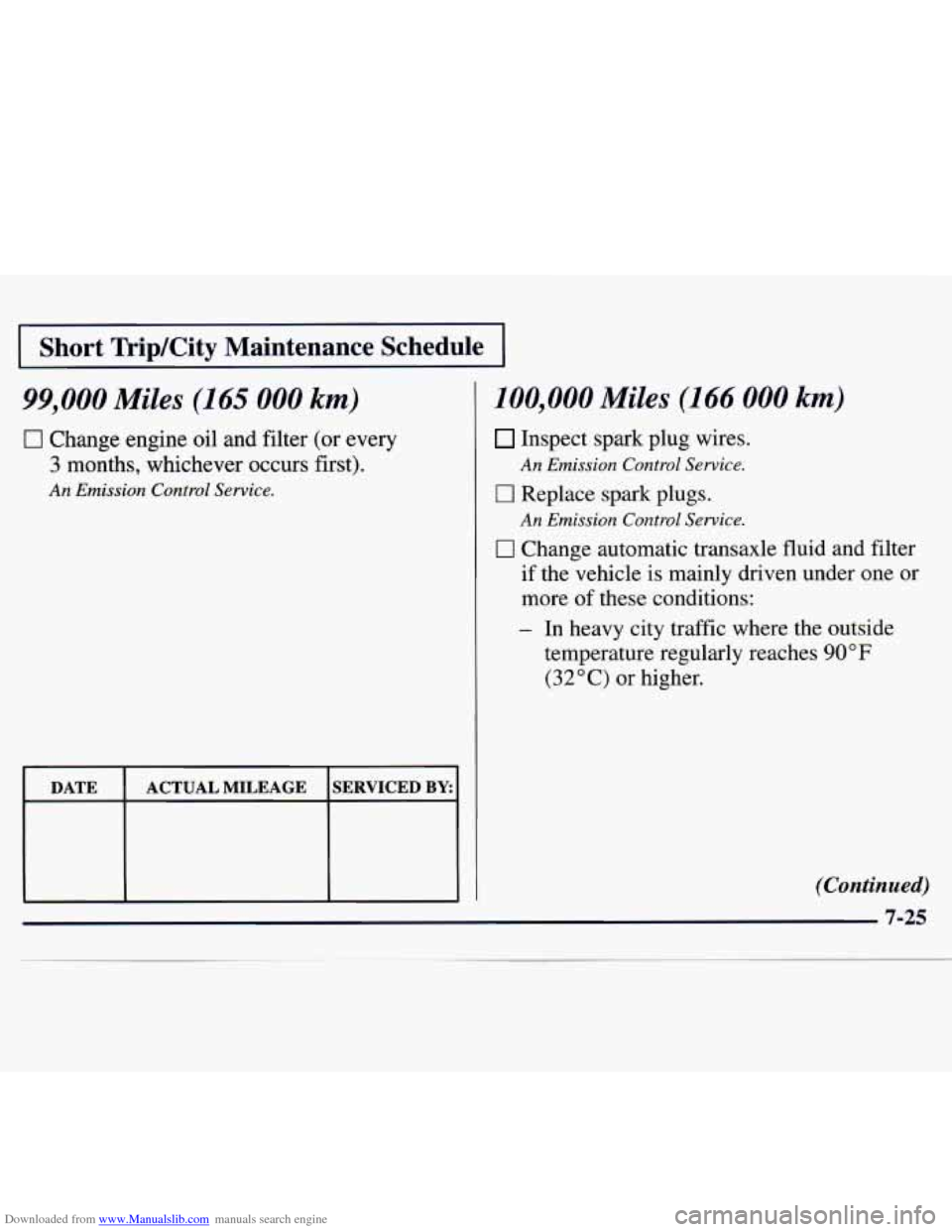 CHEVROLET MONTE CARLO 1997 5.G Owners Manual Downloaded from www.Manualslib.com manuals search engine I Short TripKity Maintenance Schedule I
99,000 Miles (165 000 km)
0 Change engine oil and filter (or every
3 months, whichever occurs firs CHEVROLET MONTE CARLO 1997 5.G Owners Manual Downloaded from www.Manualslib.com manuals search engine I Short TripKity Maintenance Schedule I
99,000 Miles (165 000 km)
0 Change engine oil and filter (or every
3 months, whichever occurs firs