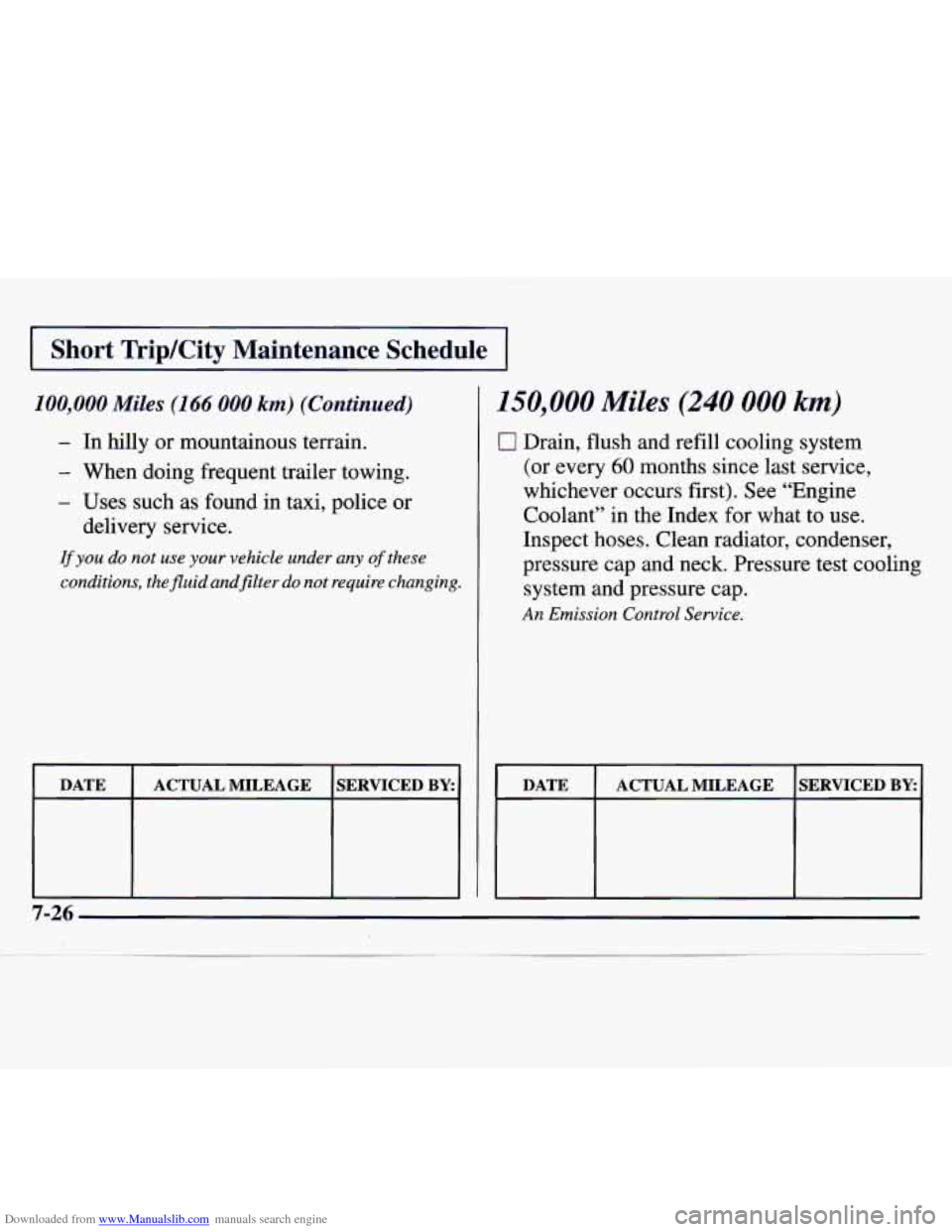 CHEVROLET MONTE CARLO 1997 5.G Owners Manual Downloaded from www.Manualslib.com manuals search engine I Short TripKity Maintenance Schedule I
100,000 Miles (1 66 000 km) (Continued)
- In hilly or mountainous terrain.
- When doing frequen CHEVROLET MONTE CARLO 1997 5.G Owners Manual Downloaded from www.Manualslib.com manuals search engine I Short TripKity Maintenance Schedule I
100,000 Miles (1 66 000 km) (Continued)
- In hilly or mountainous terrain.
- When doing frequen