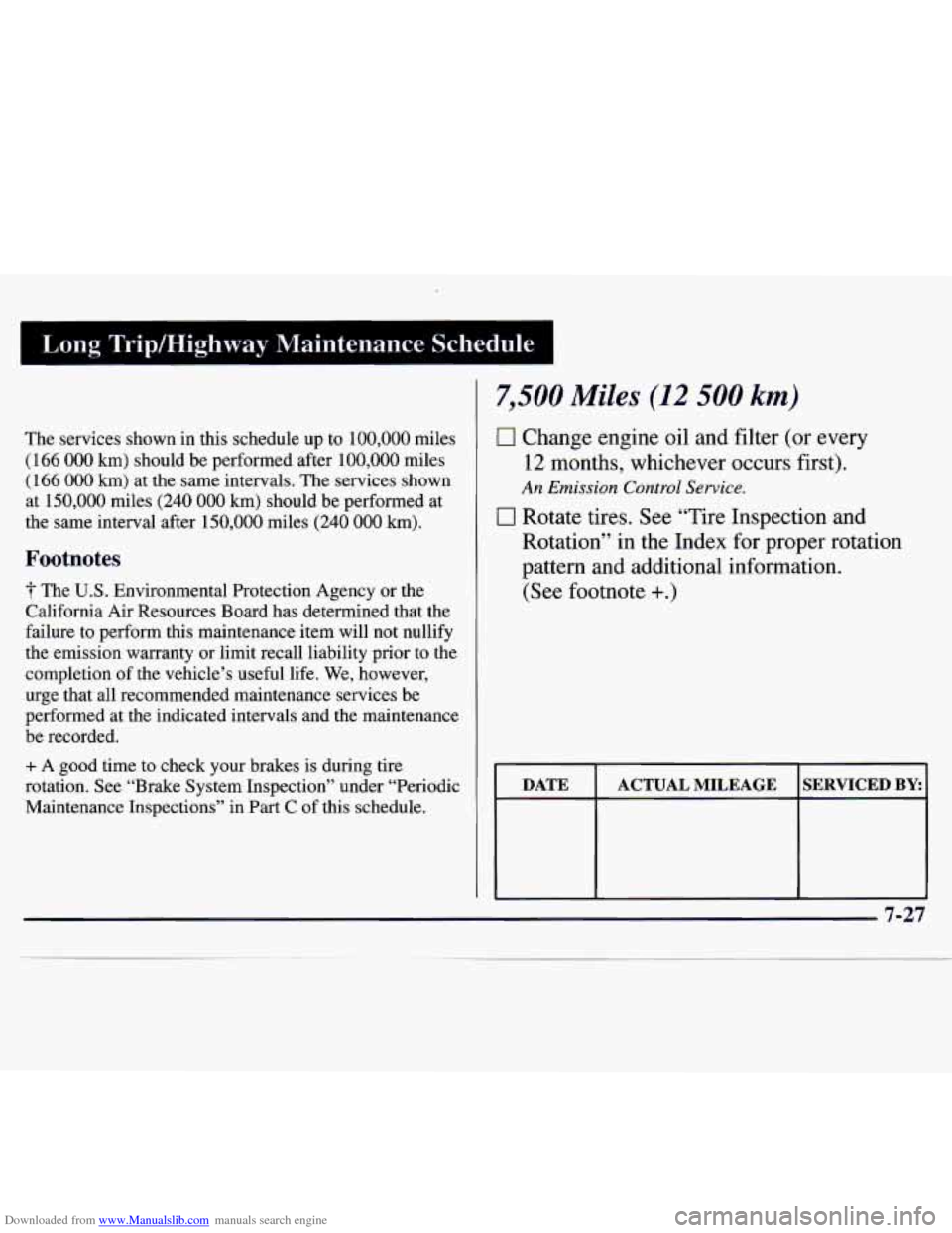 CHEVROLET MONTE CARLO 1997 5.G Owners Manual Downloaded from www.Manualslib.com manuals search engine I Long Trip/Highway Maintenance Schedule I
The services shown in this schedule up to 100,000 miles
(166 000 km) should be performed aft CHEVROLET MONTE CARLO 1997 5.G Owners Manual Downloaded from www.Manualslib.com manuals search engine I Long Trip/Highway Maintenance Schedule I
The services shown in this schedule up to 100,000 miles
(166 000 km) should be performed aft