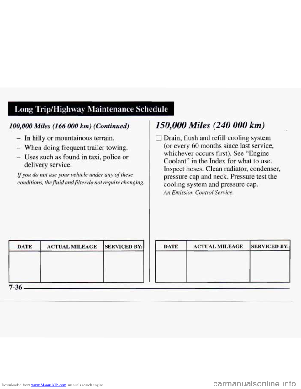CHEVROLET MONTE CARLO 1997 5.G Owners Manual Downloaded from www.Manualslib.com manuals search engine I Long Trip/Highway Maintenance Schedule I
100,000 Miles (166 000 km) (Continued)
- In hilly or mountainous terrain.
- When doing frequ CHEVROLET MONTE CARLO 1997 5.G Owners Manual Downloaded from www.Manualslib.com manuals search engine I Long Trip/Highway Maintenance Schedule I
100,000 Miles (166 000 km) (Continued)
- In hilly or mountainous terrain.
- When doing frequ
