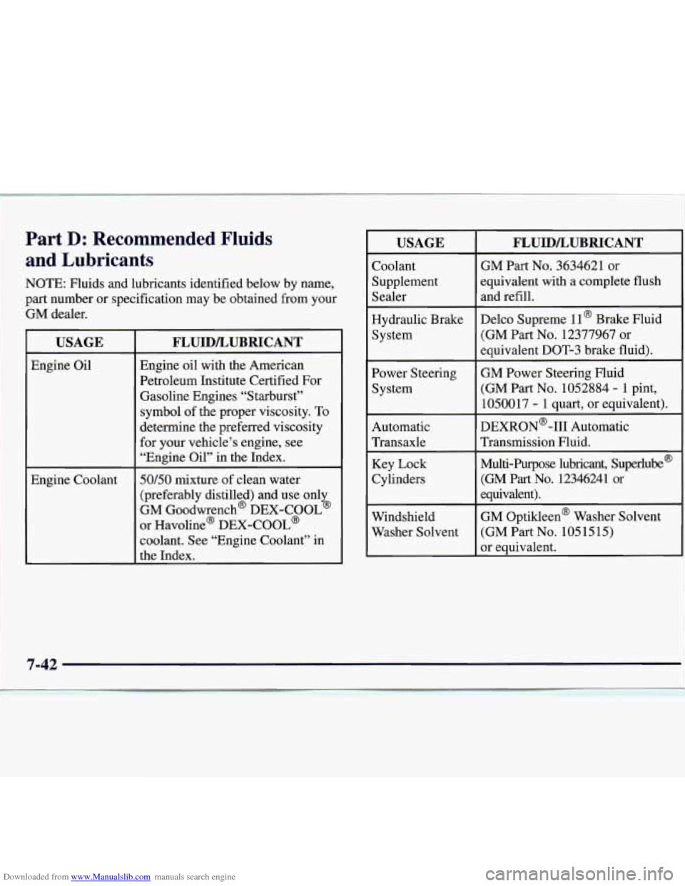 CHEVROLET MONTE CARLO 1997 5.G Owners Manual Downloaded from www.Manualslib.com manuals search engine Part D: Recommended Fluids
and Lubricants
NOTE: Fluids and lubricants identified below by name,
part number or specification may be o CHEVROLET MONTE CARLO 1997 5.G Owners Manual Downloaded from www.Manualslib.com manuals search engine Part D: Recommended Fluids
and Lubricants
NOTE: Fluids and lubricants identified below by name,
part number or specification may be o