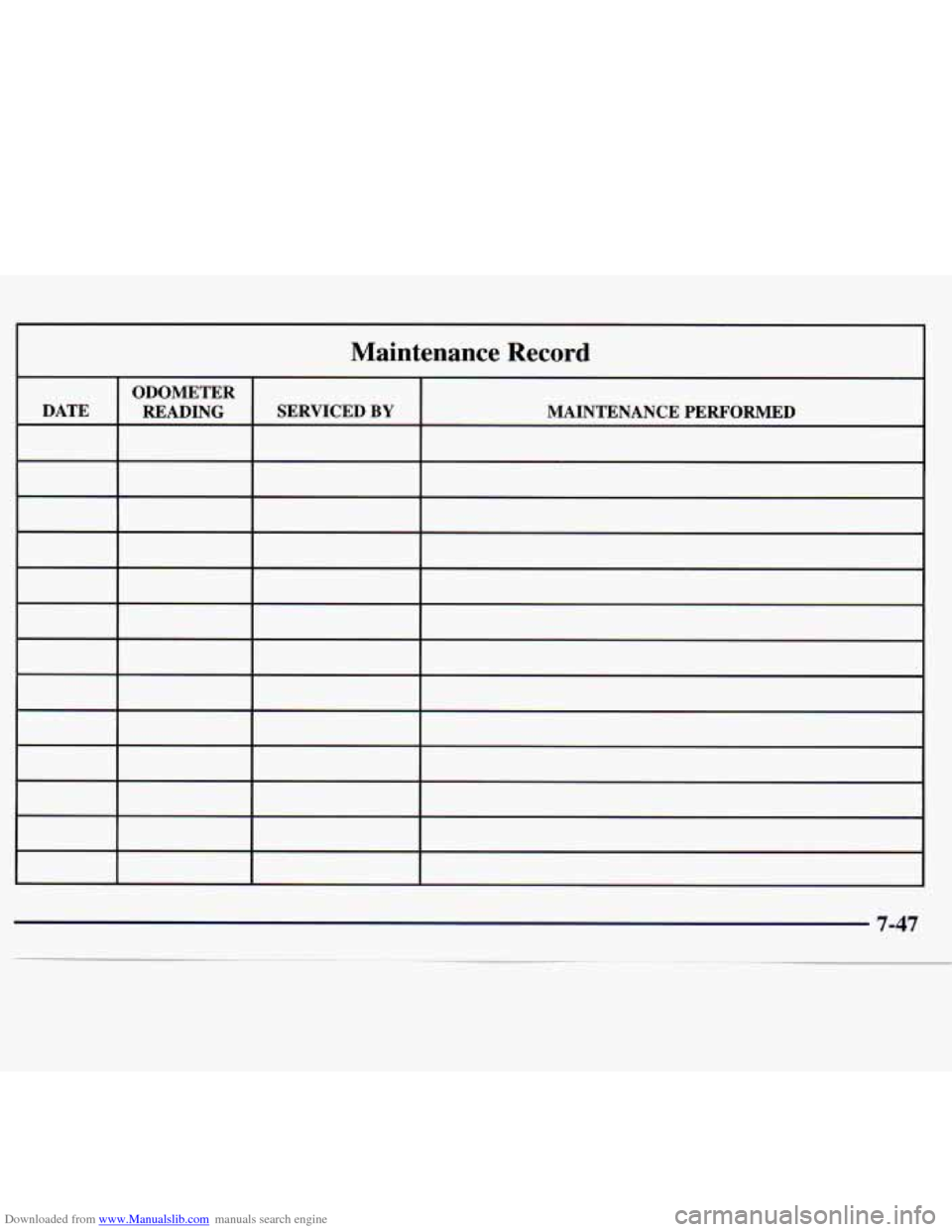CHEVROLET MONTE CARLO 1997 5.G Owners Manual Downloaded from www.Manualslib.com manuals search engine Maintenance  Record 
ODOMETER SERVICED 
BY MAINTENANCE  PERFORMED   