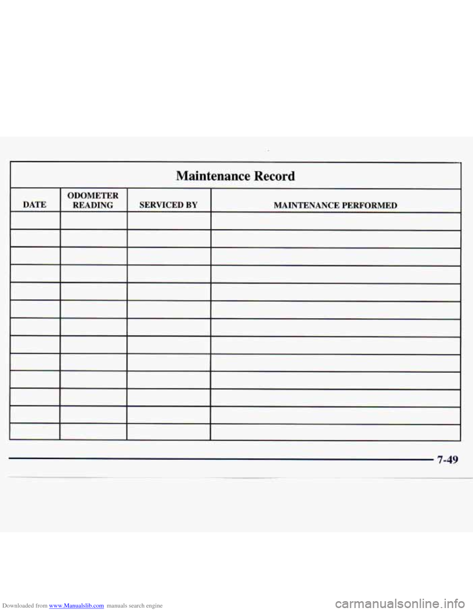CHEVROLET MONTE CARLO 1997 5.G Owners Manual Downloaded from www.Manualslib.com manuals search engine Maintenance  Record 
SERVICED BY MAINTENANCE PERFORMED 
7-49   