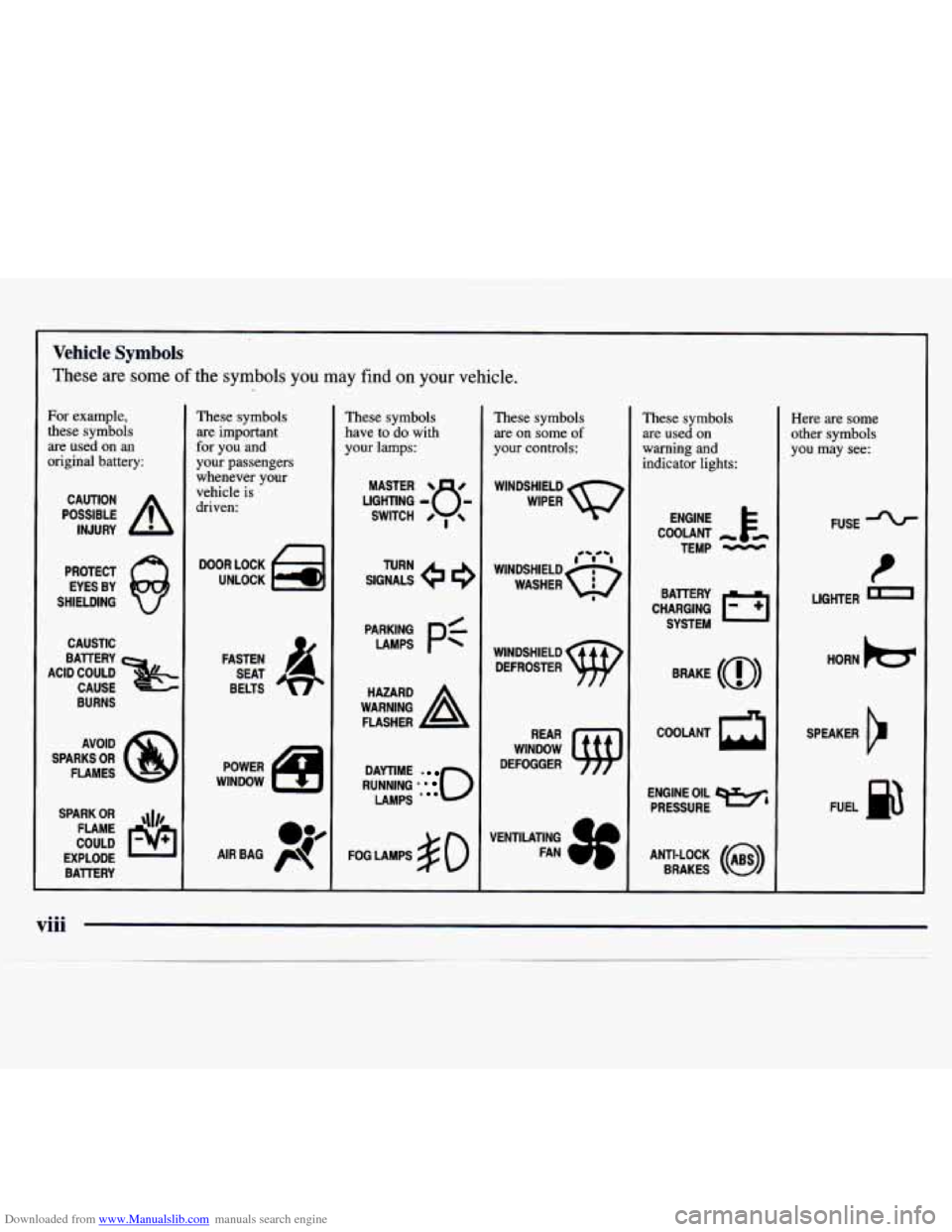 CHEVROLET MONTE CARLO 1997 5.G Owners Manual Downloaded from www.Manualslib.com manuals search engine Vehicle Symbols 
These are some  of the symbols you may find on your vehicle. 
These symbols 
are important 
for you and 
your  passengers 
whe