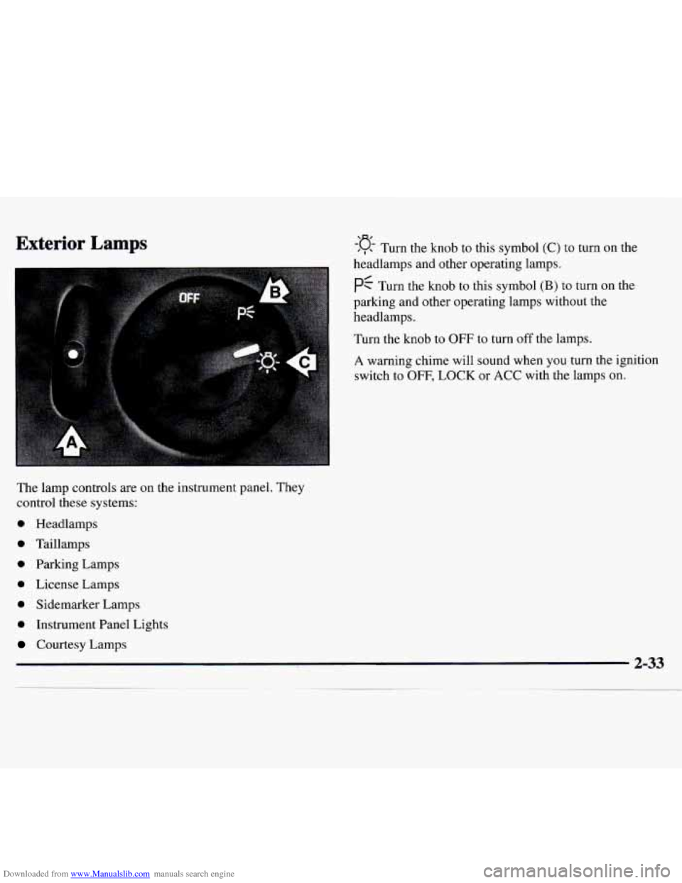CHEVROLET MONTE CARLO 1997 5.G Owners Manual Downloaded from www.Manualslib.com manuals search engine Exterior Lamps -‘Q 0, Turn the knob to this symbol (C) to turn on the
headlamps and other operating lamps.
pf Turn the knob to this symb CHEVROLET MONTE CARLO 1997 5.G Owners Manual Downloaded from www.Manualslib.com manuals search engine Exterior Lamps -‘Q 0, Turn the knob to this symbol (C) to turn on the
headlamps and other operating lamps.
pf Turn the knob to this symb