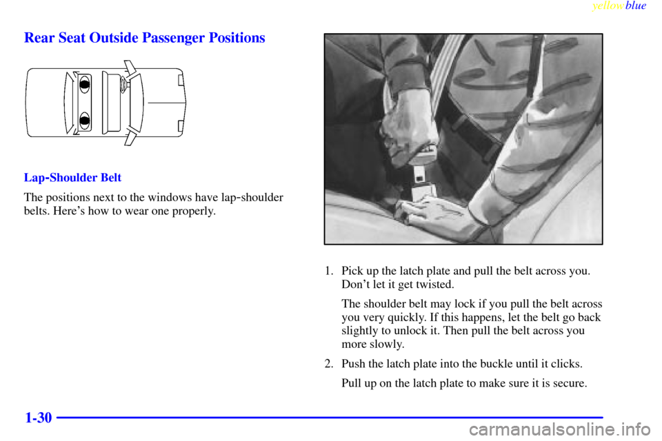 CHEVROLET MONTE CARLO 1999 5.G Owners Manual yellowblue     
1-30 Rear Seat Outside Passenger Positions
Lap-Shoulder Belt
The positions next to the windows have lap
-shoulder
belts. Heres how to wear one properly.
1. Pick up the latch plate and