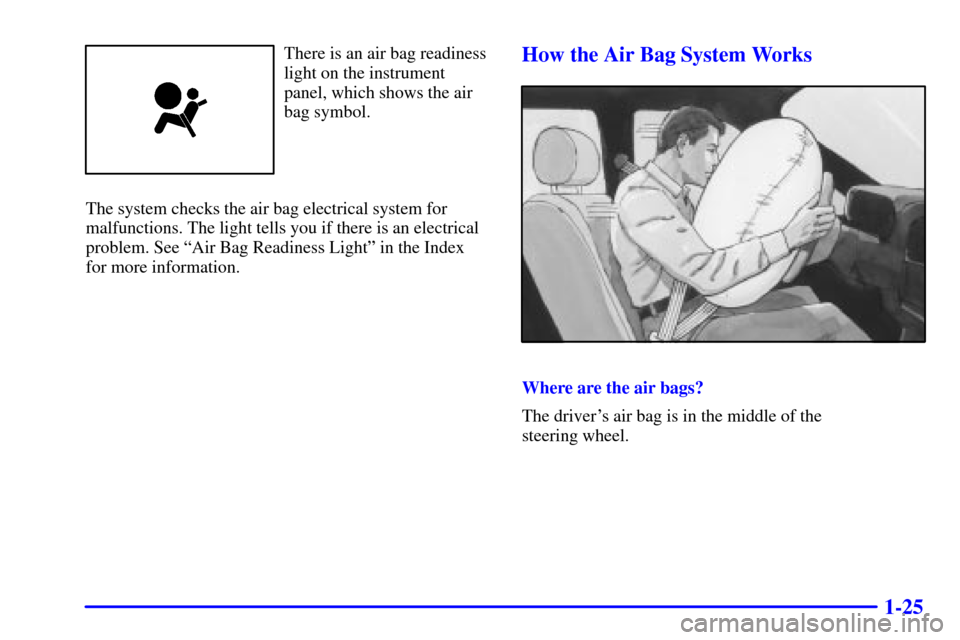 CHEVROLET MONTE CARLO 2000 6.G Owners Guide 1-25
There is an air bag readiness
light on the instrument
panel, which shows the air
bag symbol.
The system checks the air bag electrical system for
malfunctions. The light tells you if there is an e