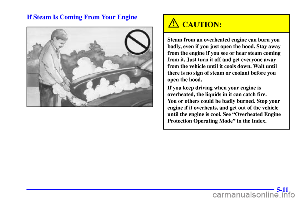 CHEVROLET MONTE CARLO 2002 6.G Owners Manual 5-11 If Steam Is Coming From Your Engine
CAUTION:
Steam from an overheated engine can burn you
badly, even if you just open the hood. Stay away
from the engine if you see or hear steam coming
from it.