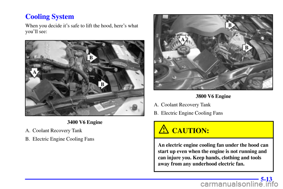 CHEVROLET MONTE CARLO 2002 6.G Owners Manual 5-13
Cooling System
When you decide its safe to lift the hood, heres what
youll see:
3400 V6 Engine
A. Coolant Recovery Tank
B. Electric Engine Cooling Fans
3800 V6 Engine
A. Coolant Recovery Tank
