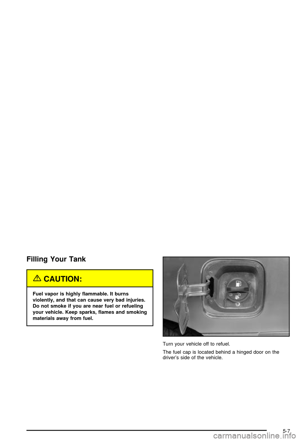 CHEVROLET MONTE CARLO 2003 6.G Owners Manual Filling Your Tank
{CAUTION:
Fuel vapor is highly ¯ammable. It burns
violently, and that can cause very bad injuries.
Do not smoke if you are near fuel or refueling
your vehicle. Keep sparks, ¯ames a CHEVROLET MONTE CARLO 2003 6.G Owners Manual Filling Your Tank
{CAUTION:
Fuel vapor is highly ¯ammable. It burns
violently, and that can cause very bad injuries.
Do not smoke if you are near fuel or refueling
your vehicle. Keep sparks, ¯ames a