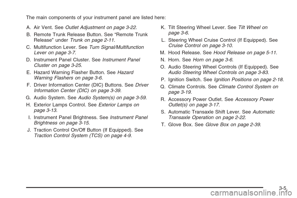 CHEVROLET MONTE CARLO 2006 6.G Owners Manual The main components of your instrument panel are listed here:
A. Air Vent. SeeOutlet Adjustment on page 3-22.
B. Remote Trunk Release Button. See “Remote Trunk
Release” underTrunk on page 2-11.
C.