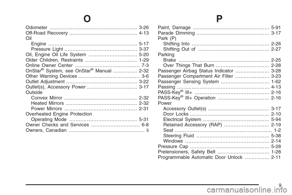 CHEVROLET MONTE CARLO 2006 6.G Service Manual O
Odometer......................................................3-26
Off-Road Recovery..........................................4-13
Oil
Engine.......................................................5-