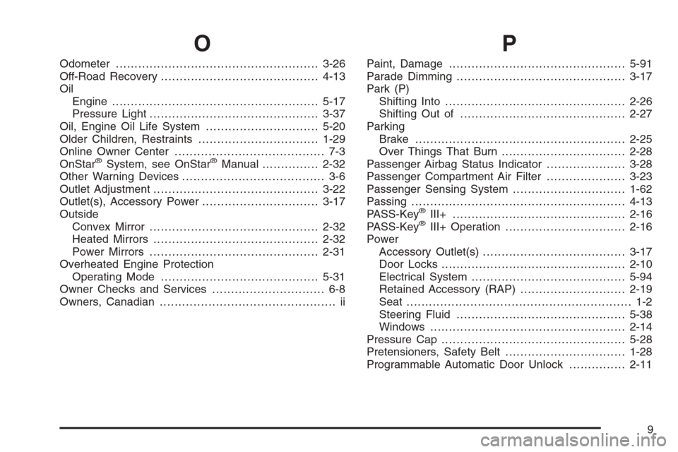 CHEVROLET MONTE CARLO 2006 6.G Owners Manual O
Odometer......................................................3-26
Off-Road Recovery..........................................4-13
Oil
Engine.......................................................5-
