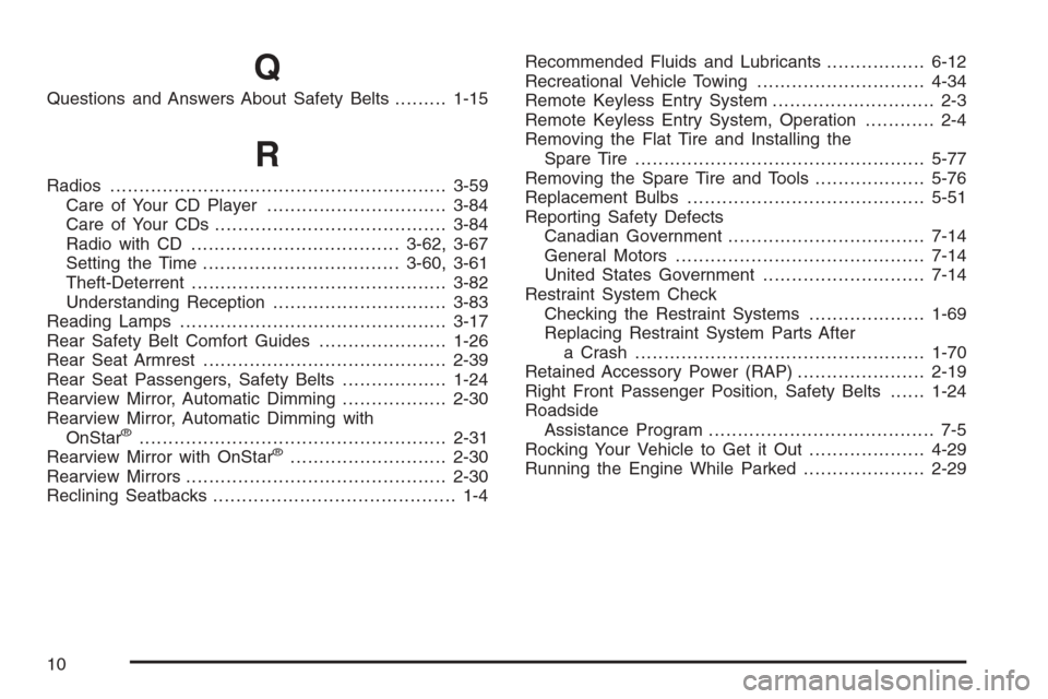 CHEVROLET MONTE CARLO 2006 6.G User Guide Q
Questions and Answers About Safety Belts.........1-15
R
Radios..........................................................3-59
Care of Your CD Player...............................3-84
Care of Your CD