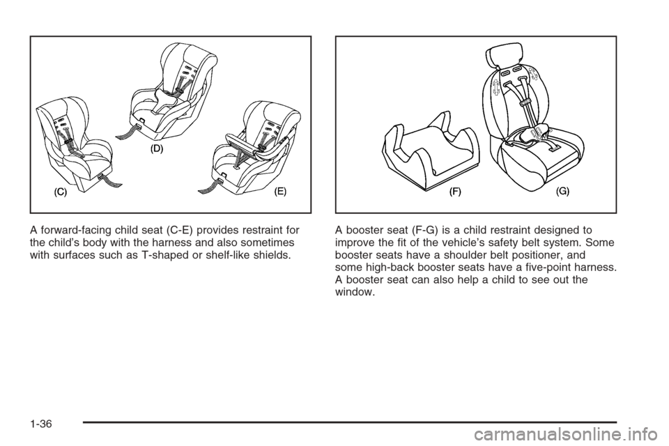 CHEVROLET MONTE CARLO 2006 6.G Service Manual A forward-facing child seat (C-E) provides restraint for
the child’s body with the harness and also sometimes
with surfaces such as T-shaped or shelf-like shields.A booster seat (F-G) is a child res