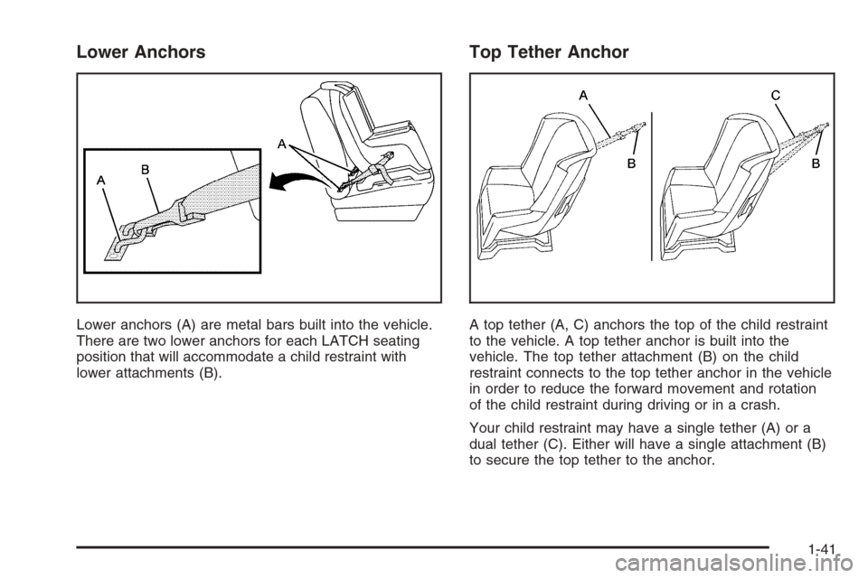 CHEVROLET MONTE CARLO 2006 6.G Service Manual Lower Anchors
Lower anchors (A) are metal bars built into the vehicle.
There are two lower anchors for each LATCH seating
position that will accommodate a child restraint with
lower attachments (B).
T