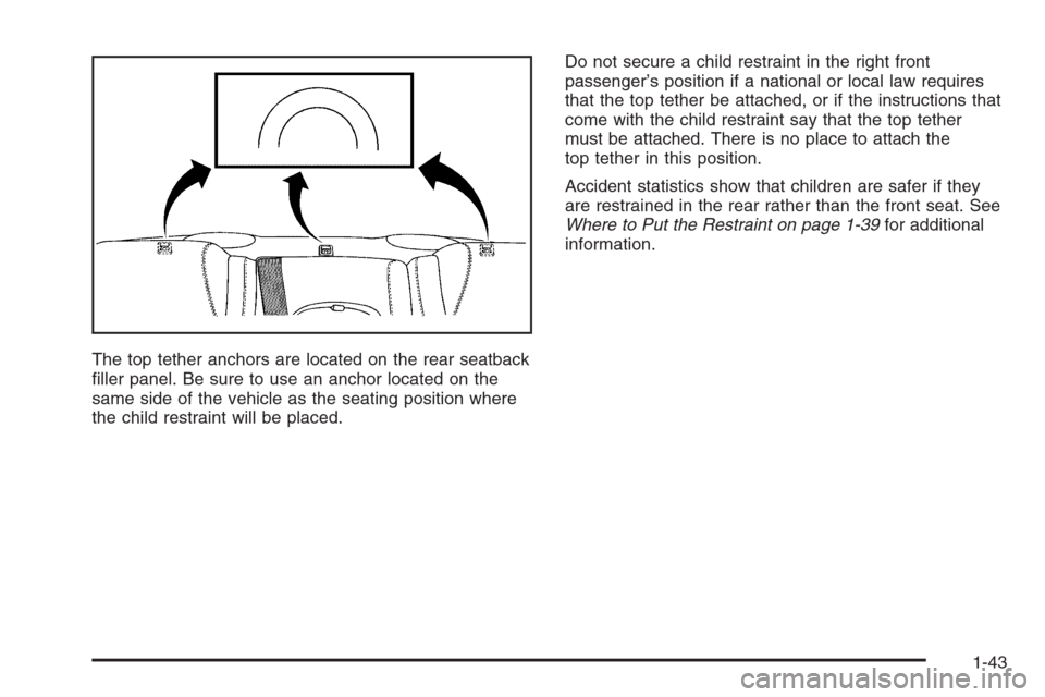 CHEVROLET MONTE CARLO 2006 6.G Service Manual The top tether anchors are located on the rear seatback
�ller panel. Be sure to use an anchor located on the
same side of the vehicle as the seating position where
the child restraint will be placed.D