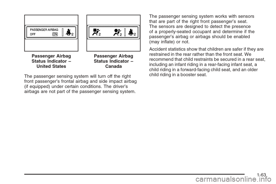 CHEVROLET MONTE CARLO 2006 6.G Owners Manual The passenger sensing system will turn off the right
front passenger’s frontal airbag and side impact airbag
(if equipped) under certain conditions. The driver’s
airbags are not part of the passen