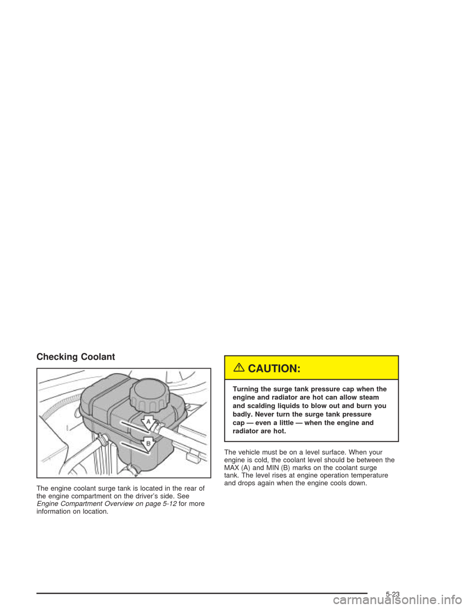 CHEVROLET OPTRA 2004 1.G Owners Manual Checking Coolant
The engine coolant surge tank is located in the rear of
the engine compartment on the driver’s side. See
Engine Compartment Overview on page 5-12for more
information on location.
{C