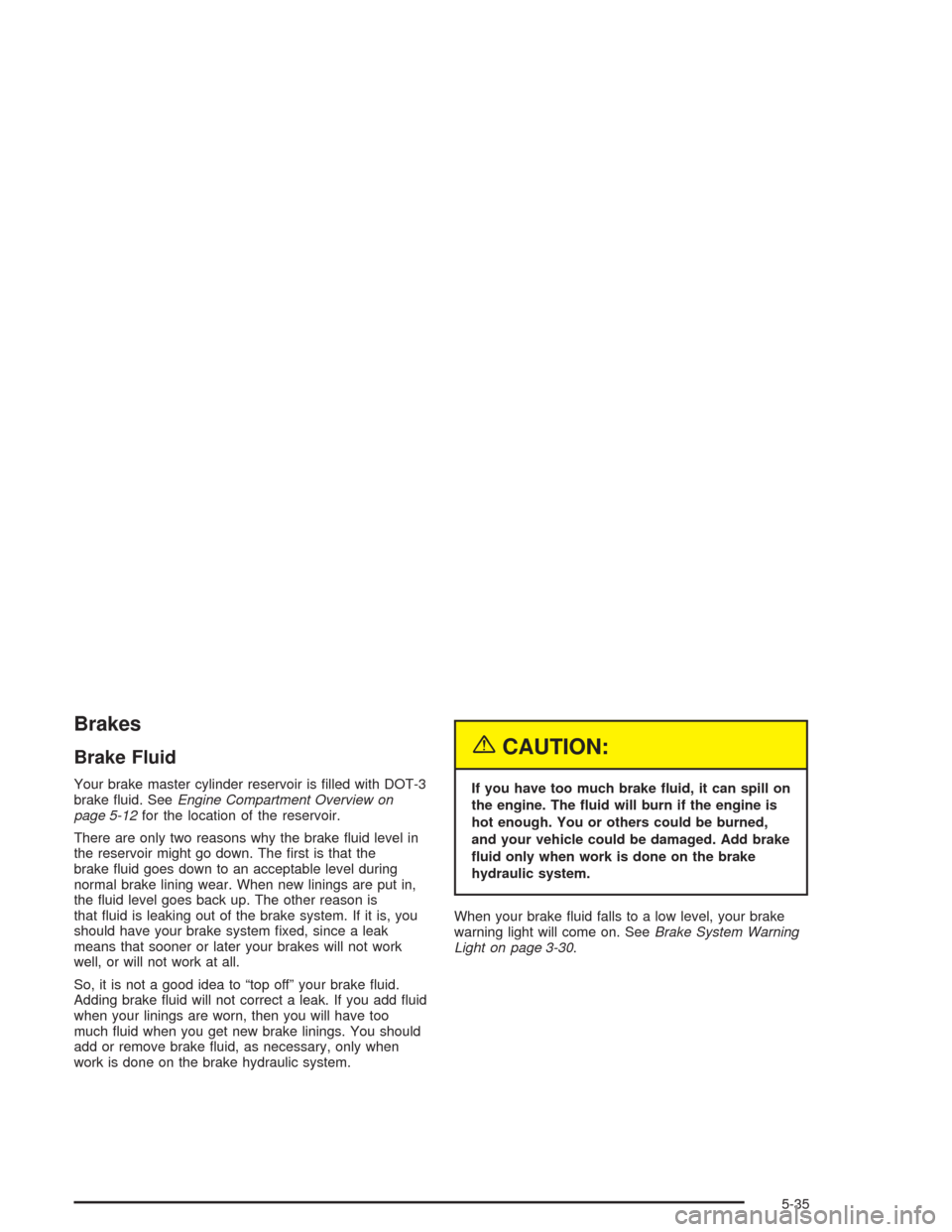 CHEVROLET OPTRA 2004 1.G Owners Manual Brakes
Brake Fluid
Your brake master cylinder reservoir is ﬁlled with DOT-3
brake ﬂuid. SeeEngine Compartment Overview on
page 5-12for the location of the reservoir.
There are only two reasons why