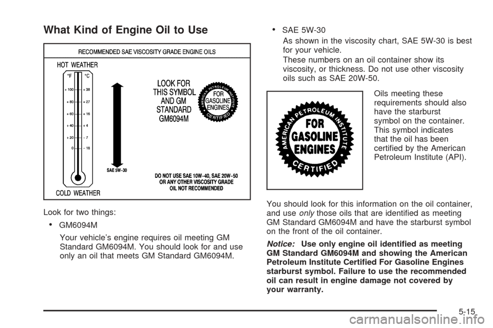 CHEVROLET OPTRA 2005 1.G Owners Manual What Kind of Engine Oil to Use
Look for two things:
•GM6094M
Your vehicle’s engine requires oil meeting GM
Standard GM6094M. You should look for and use
only an oil that meets GM Standard GM6094M. CHEVROLET OPTRA 2005 1.G Owners Manual What Kind of Engine Oil to Use
Look for two things:
•GM6094M
Your vehicle’s engine requires oil meeting GM
Standard GM6094M. You should look for and use
only an oil that meets GM Standard GM6094M.