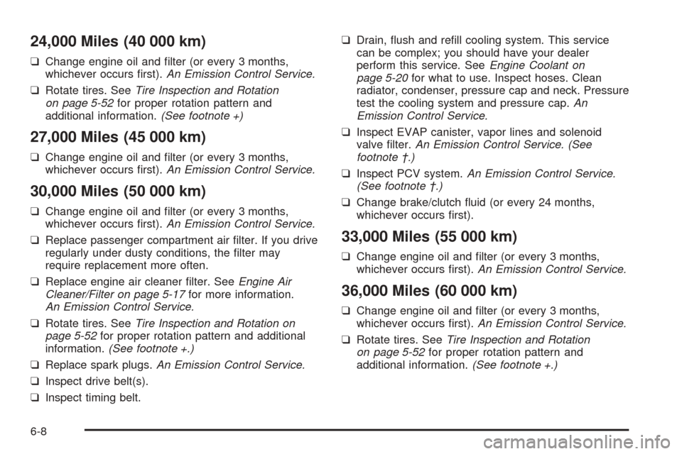 CHEVROLET OPTRA 2005 1.G Owners Manual 24,000 Miles (40 000 km)
❑Change engine oil and filter (or every 3 months,
whichever occurs first).An Emission Control Service.
❑Rotate tires. SeeTire Inspection and Rotation
on page 5-52for pro CHEVROLET OPTRA 2005 1.G Owners Manual 24,000 Miles (40 000 km)
❑Change engine oil and filter (or every 3 months,
whichever occurs first).An Emission Control Service.
❑Rotate tires. SeeTire Inspection and Rotation
on page 5-52for pro