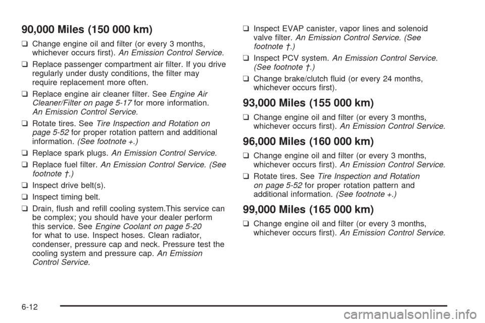 CHEVROLET OPTRA 2005 1.G Owners Manual 90,000 Miles (150 000 km)
❑Change engine oil and filter (or every 3 months,
whichever occurs first).An Emission Control Service.
❑Replace passenger compartment air filter. If you drive
regularl CHEVROLET OPTRA 2005 1.G Owners Manual 90,000 Miles (150 000 km)
❑Change engine oil and filter (or every 3 months,
whichever occurs first).An Emission Control Service.
❑Replace passenger compartment air filter. If you drive
regularl