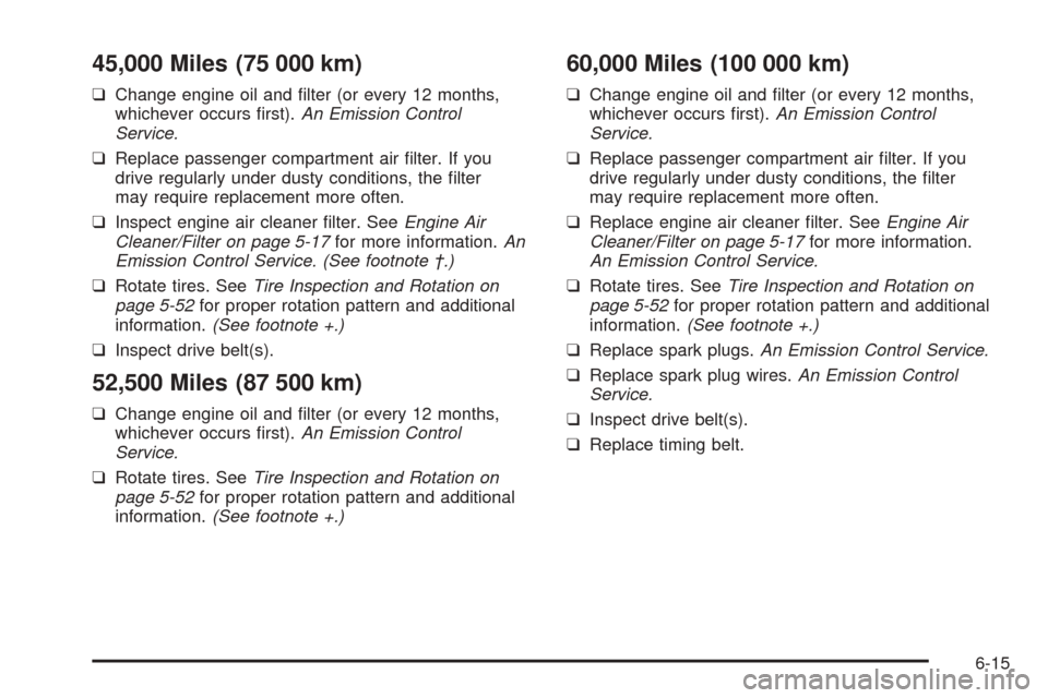 CHEVROLET OPTRA 2005 1.G Owners Manual 45,000 Miles (75 000 km)
❑Change engine oil and filter (or every 12 months,
whichever occurs first).An Emission Control
Service.
❑Replace passenger compartment air filter. If you
drive regularl CHEVROLET OPTRA 2005 1.G Owners Manual 45,000 Miles (75 000 km)
❑Change engine oil and filter (or every 12 months,
whichever occurs first).An Emission Control
Service.
❑Replace passenger compartment air filter. If you
drive regularl