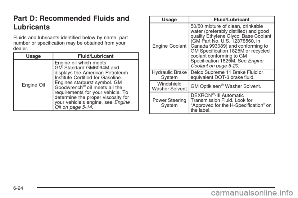 CHEVROLET OPTRA 2005 1.G Owners Manual Part D: Recommended Fluids and
Lubricants
Fluids and lubricants identiﬁed below by name, part
number or speciﬁcation may be obtained from your
dealer.
Usage Fluid/Lubricant
Engine OilEngine oil wh