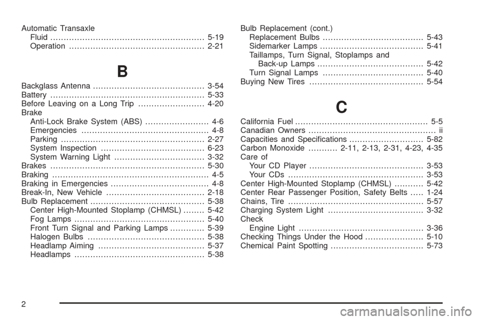 CHEVROLET OPTRA 2005 1.G Owners Manual Automatic Transaxle
Fluid..........................................................5-19
Operation...................................................2-21
B
Backglass Antenna............................