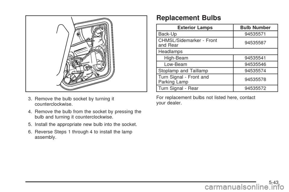 CHEVROLET OPTRA 5 2005 1.G Owners Manual 3. Remove the bulb socket by turning it
counterclockwise.
4. Remove the bulb from the socket by pressing the
bulb and turning it counterclockwise.
5. Install the appropriate new bulb into the socket.
